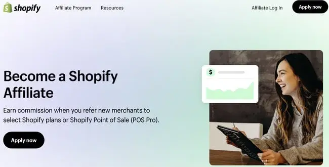 best affiliate programs for e-commerce �� shopify affiliate program landing page with apply now cta for referring new merchants to shopify plans
