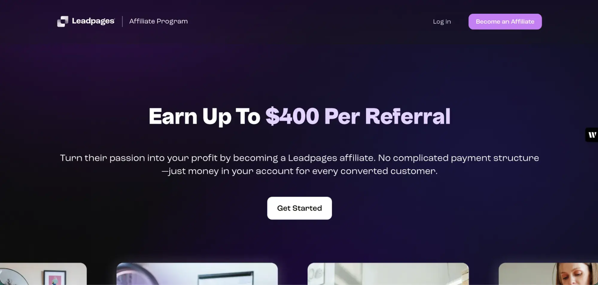 best affiliate programs for marketers �� leadpages affiliate program page promoting up to $400 per referral with straightforward commission structure