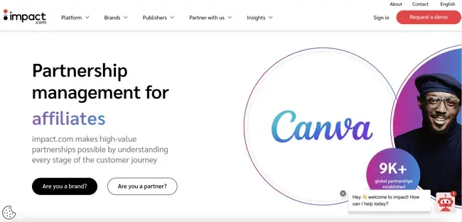 best affiliate programs tool �� impact.com partnership management platform homepage showing canva partnership and 9k+ global partnerships established
