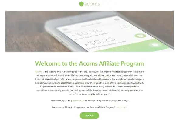 best affiliate programs �� acorns affiliate program signup page or commission overview