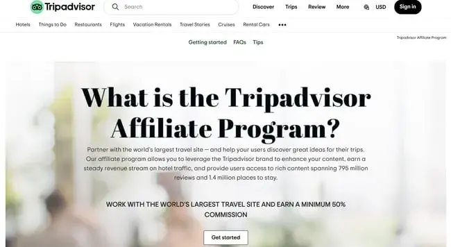 best affiliate programs for travel �� tripadvisor affiliate program page promoting minimum 50% commission for referring hotel traffic to the world's largest travel site