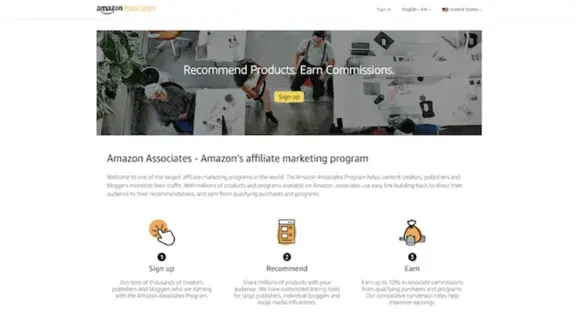best affiliate programs for marketers �� amazon associates homepage with signup cta and commission earnings overview