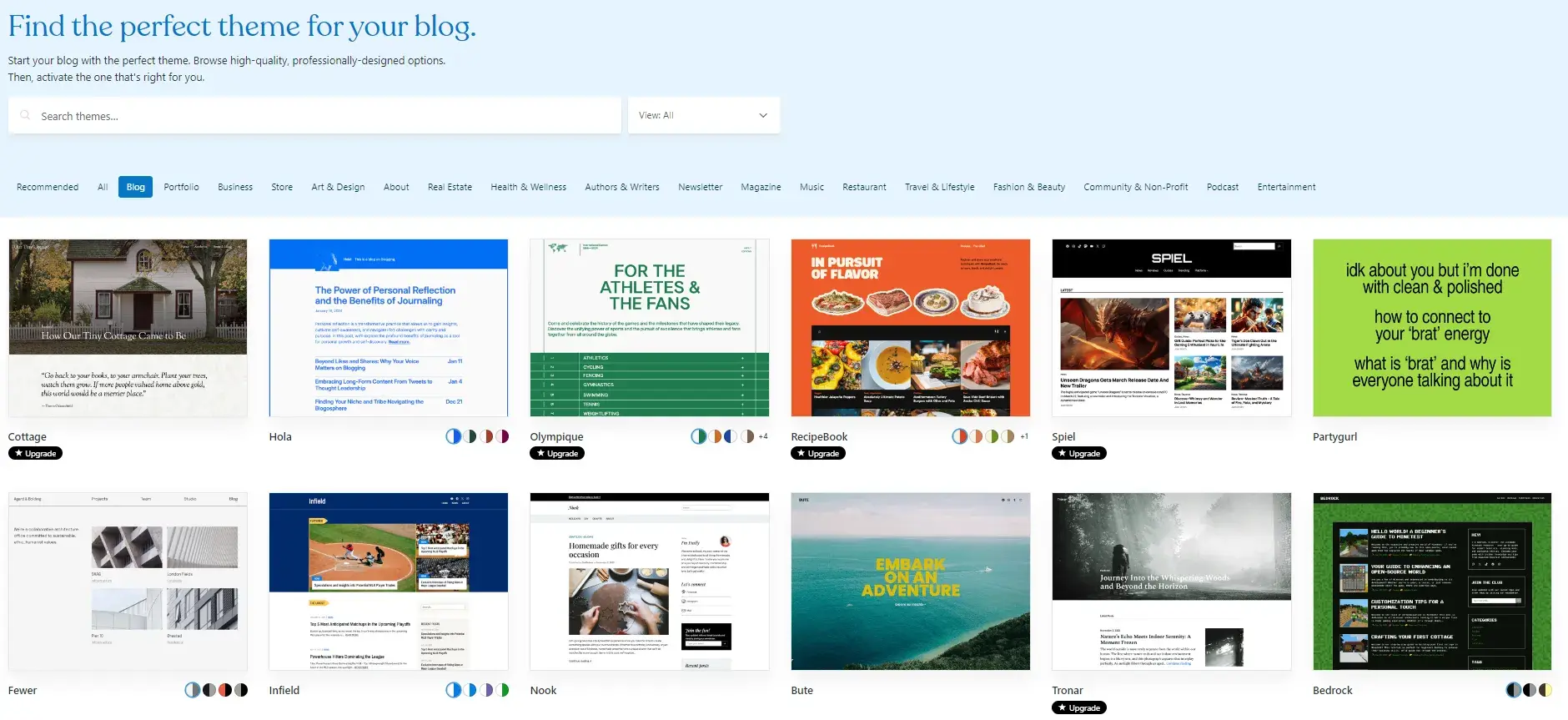 screenshot from WordPress theme library showing some of the best options for bloggers.https://wordpress.com/themes/filter/blog