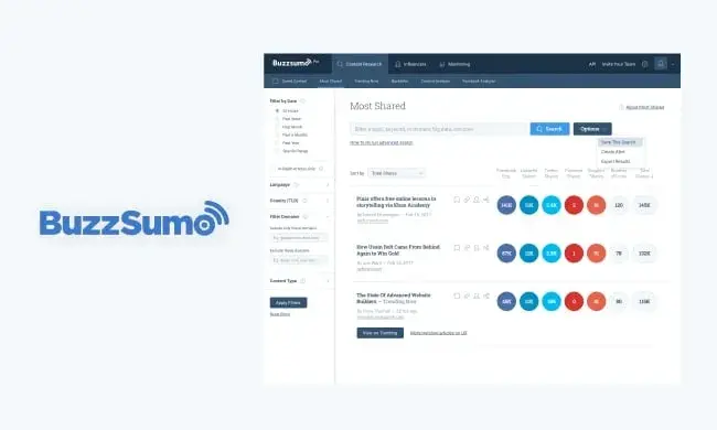 digital marketing tools and platforms for content research - buzzsumo showing trending topics and influencer analysis