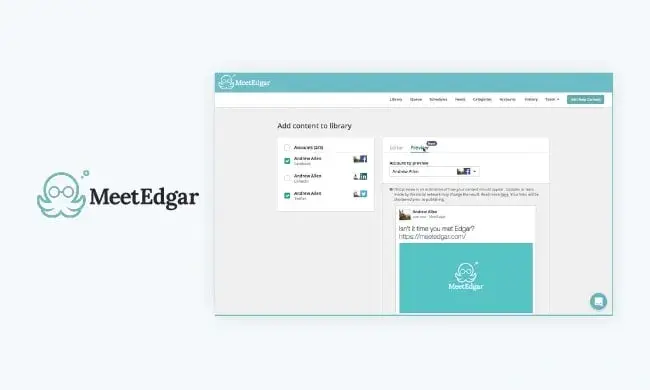 what are digital marketing tools for social automation - meetedgar showing content library and automated posting schedule