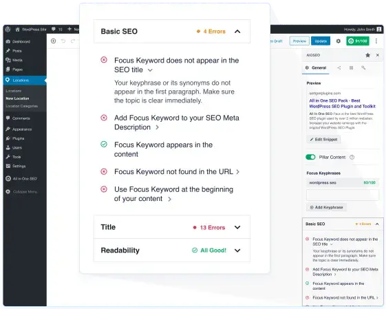best digital marketing tools - all in one seo wordpress plugin interface showing on-page optimization checklist and seo score improvements
