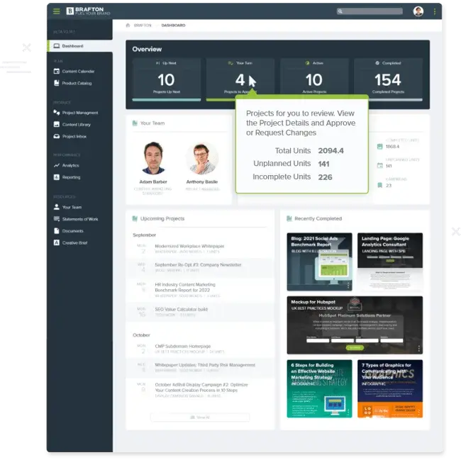 best digital marketing tools for content marketers - brafton platform interface showing editorial calendar and workflow management