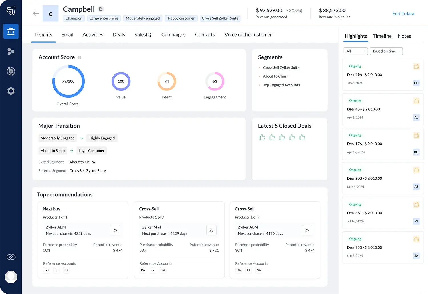 a screenshot of zoho CRM's user interface 