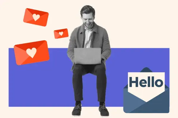 A man sits at his laptop. Envelope icons surround him.