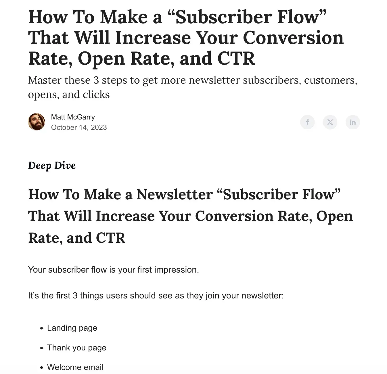 Screencap of Newsletter Operator. Subject: How To Make a Newsletter Subscriber Flow That Will Increase Your Conversion Rate, Open Rate, and CTR.