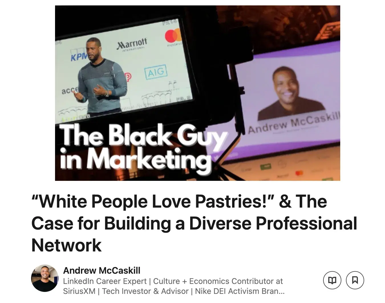 Screencap of The Black Guy in Marketing. Subject: White People Love Pastries! & The Case for Building a Diverse Professional Network.