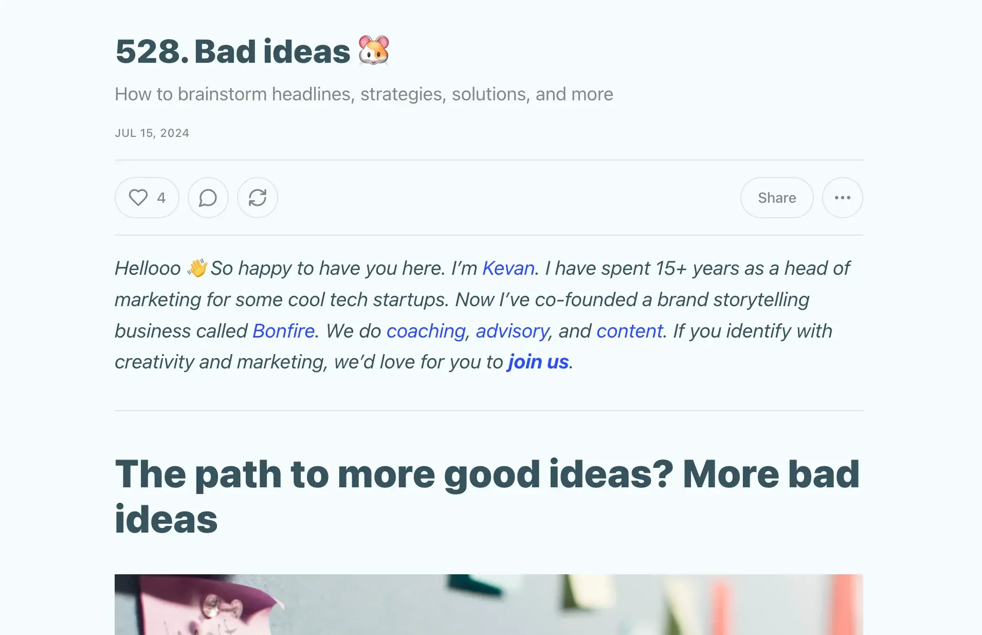 Screencap of Kevan Lees newsletter. Subject: Bad ideas ?. How to brainstorm headlines, strategies, solutions, and more.