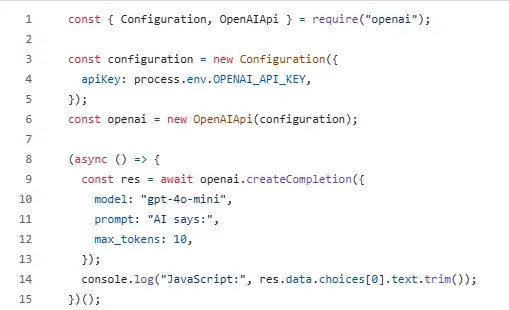 code snippet showing javascript code, best ai programming languages example