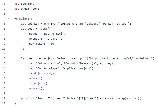 code snippet showing rust code, best ai programming languages example