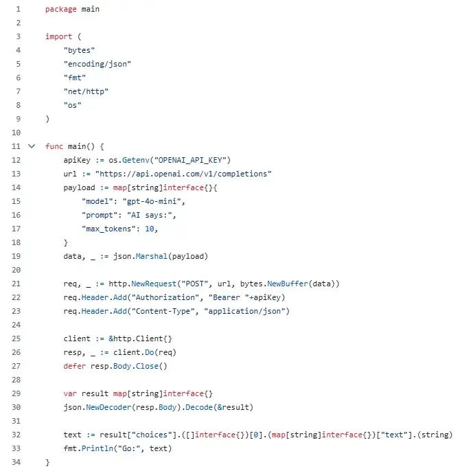 code snippet showing golang code, best ai programming languages example