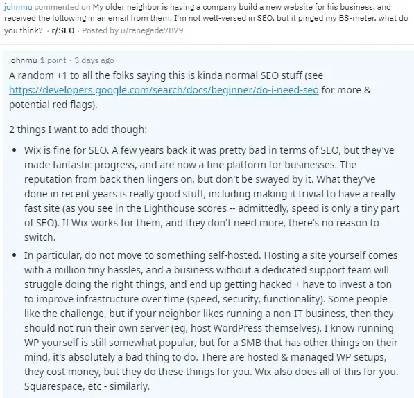 john mueller “wix is fine for seo” reddit post