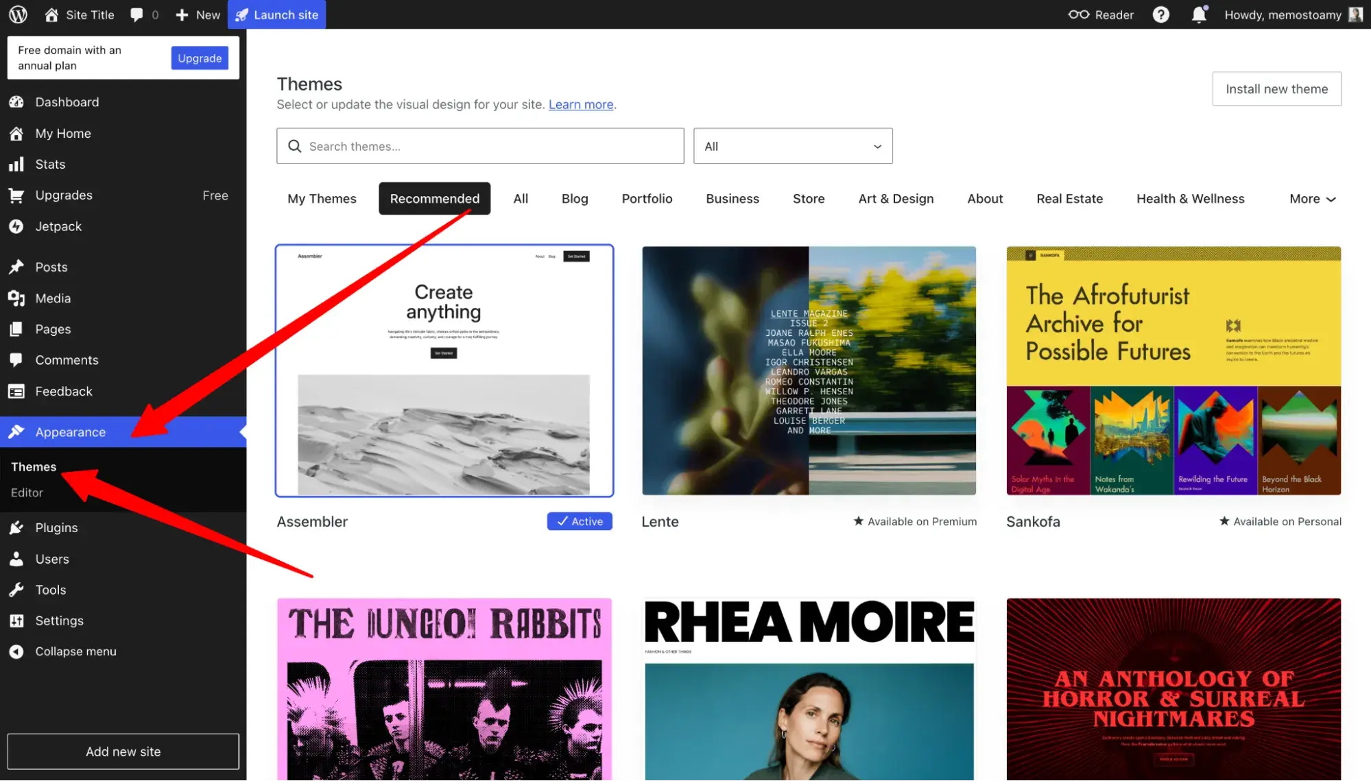 wordpress.com appearance > themes