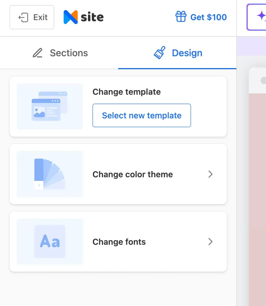 neo website editor: change template, change color theme, change fonts.