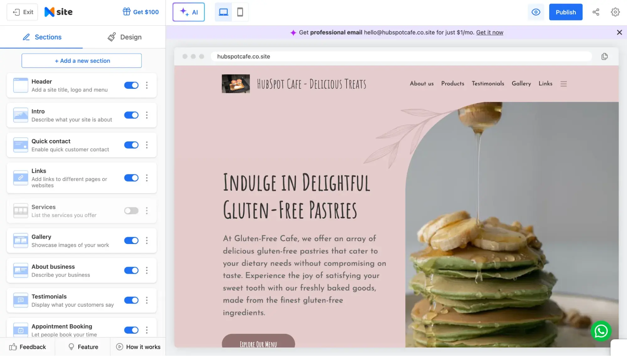 neo website editor showing hubspot cafe example site