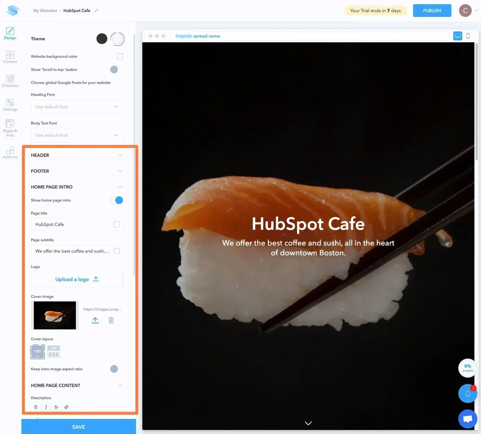 spreadsimple website editor sidebar on left