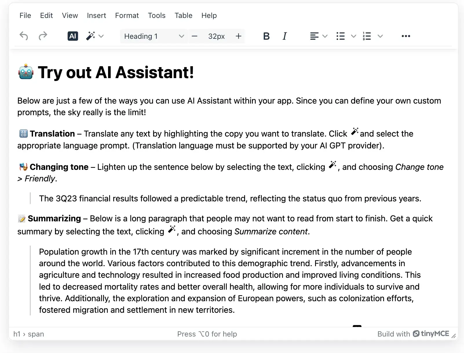 free wysiwyg html editors; ai assistant as one of the features offered by tinymce