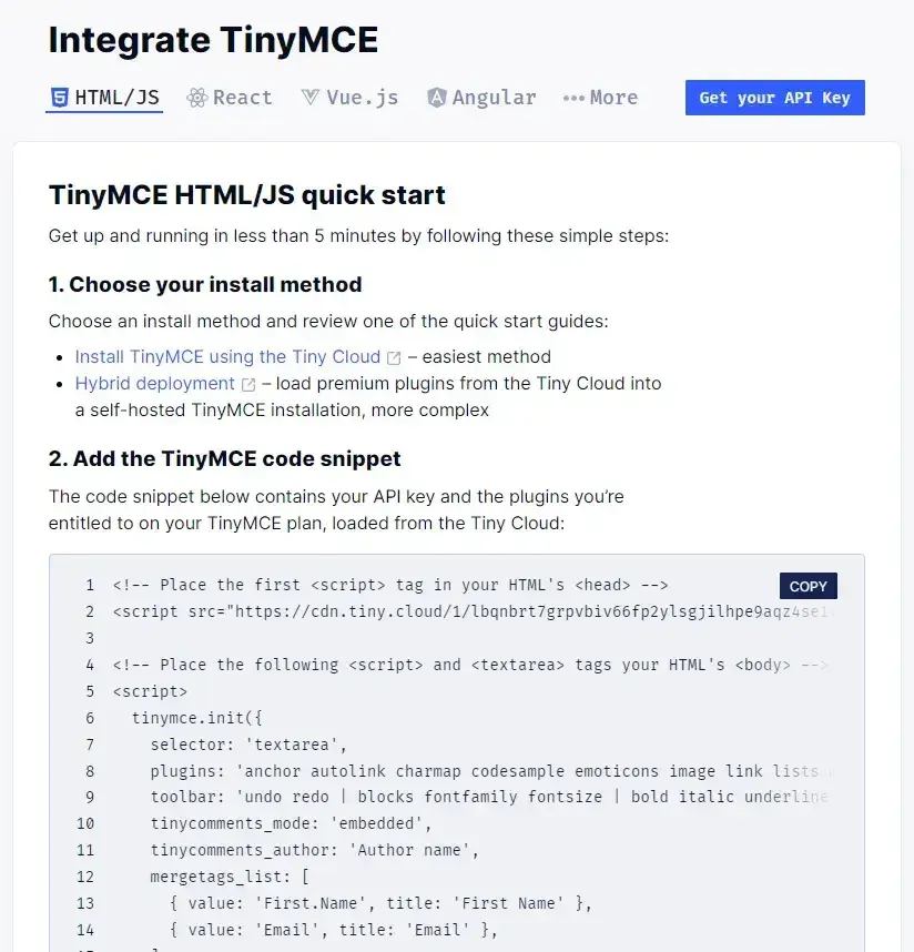 free wysiwyg html editors; adding a code snippet in tinymce