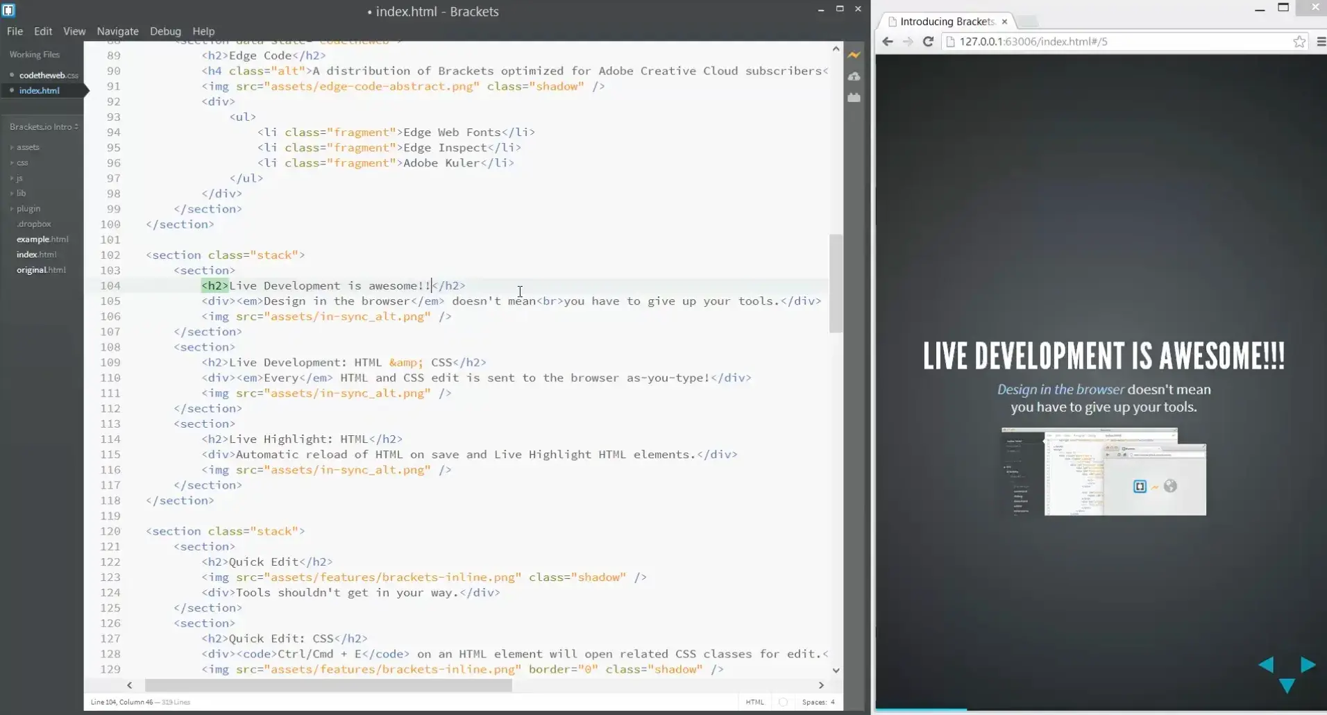 free wysiwyg editors; screenshot from brackets, showing the tools live development feature