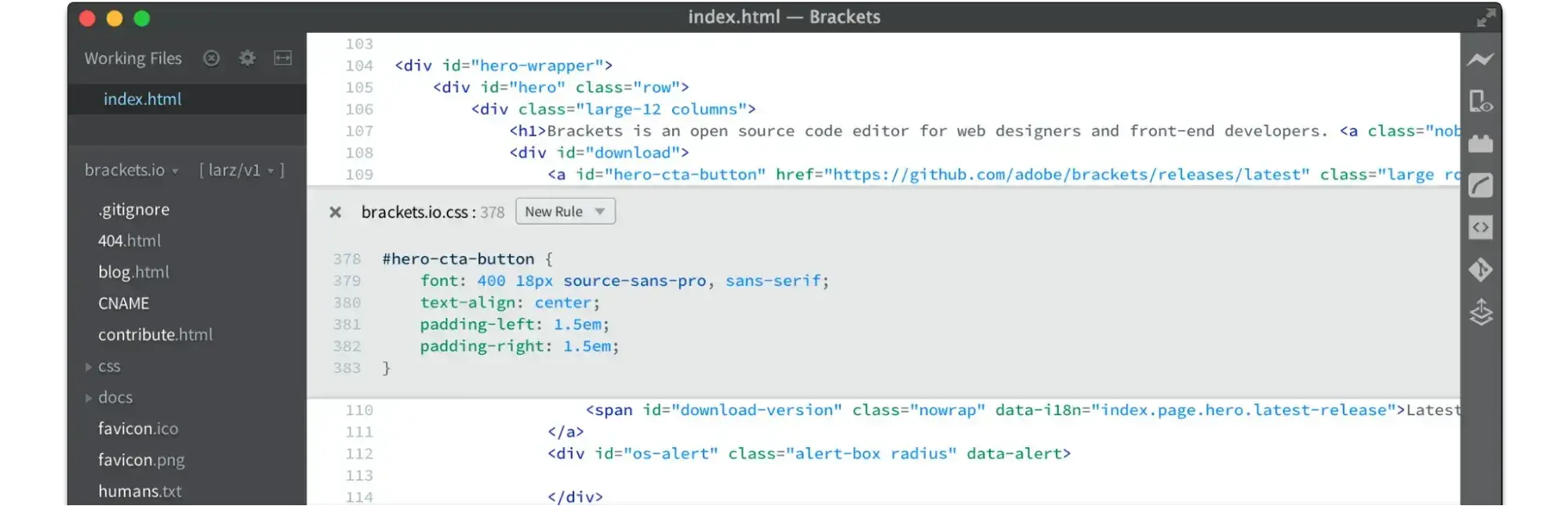 free wysiwyg editors; screenshot from brackets html and css editor