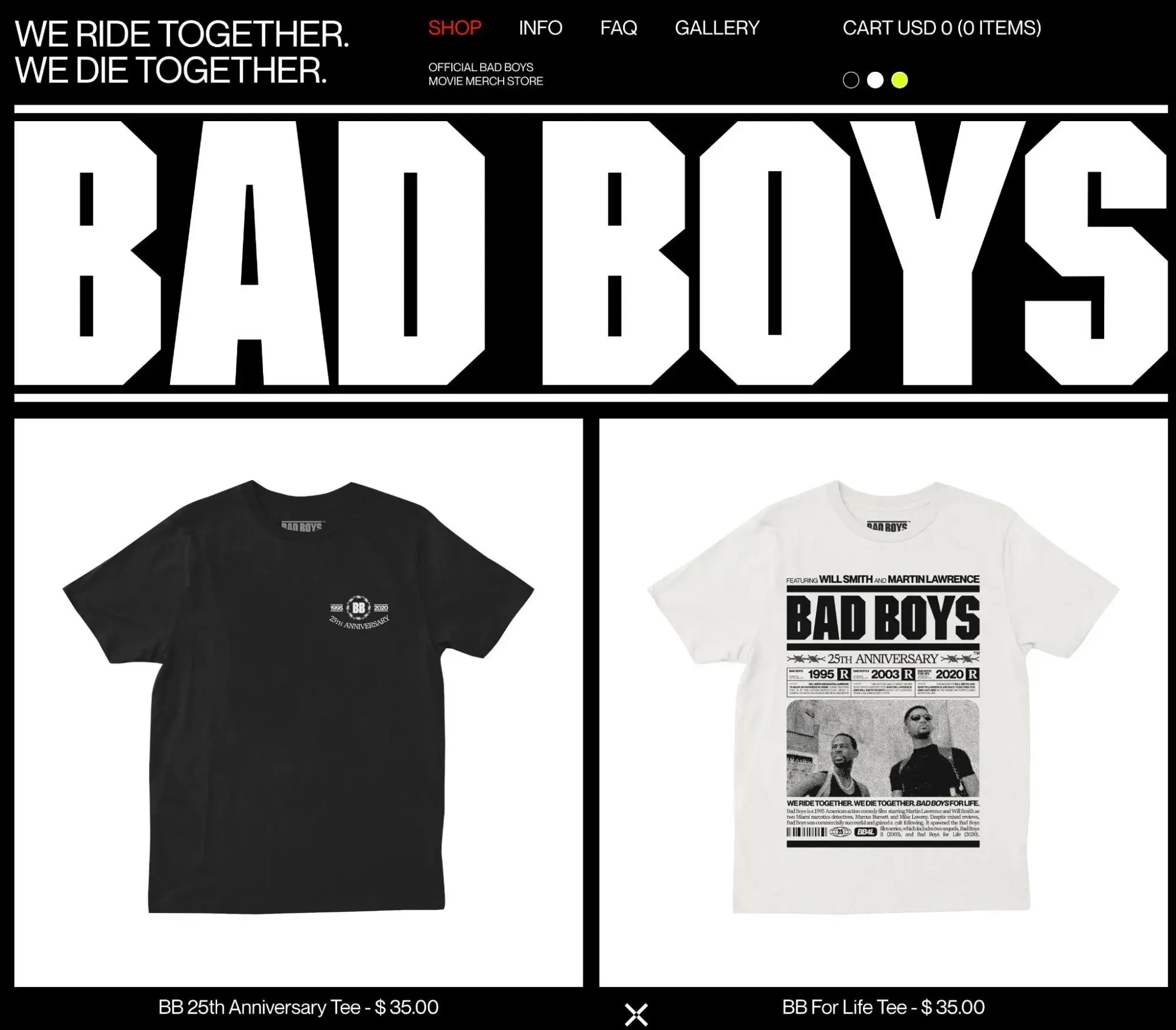 black and white website design example; bad boys supply matches its merch to its color scheme.