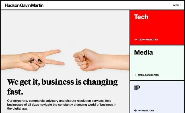 black and white website design example; the hudson gavin martin website adds bright color pops.