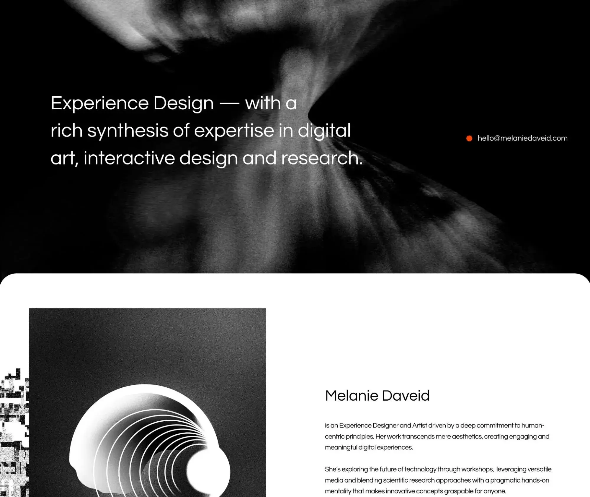black and white website design example; melanie daveid uses black and white for her portfolio.