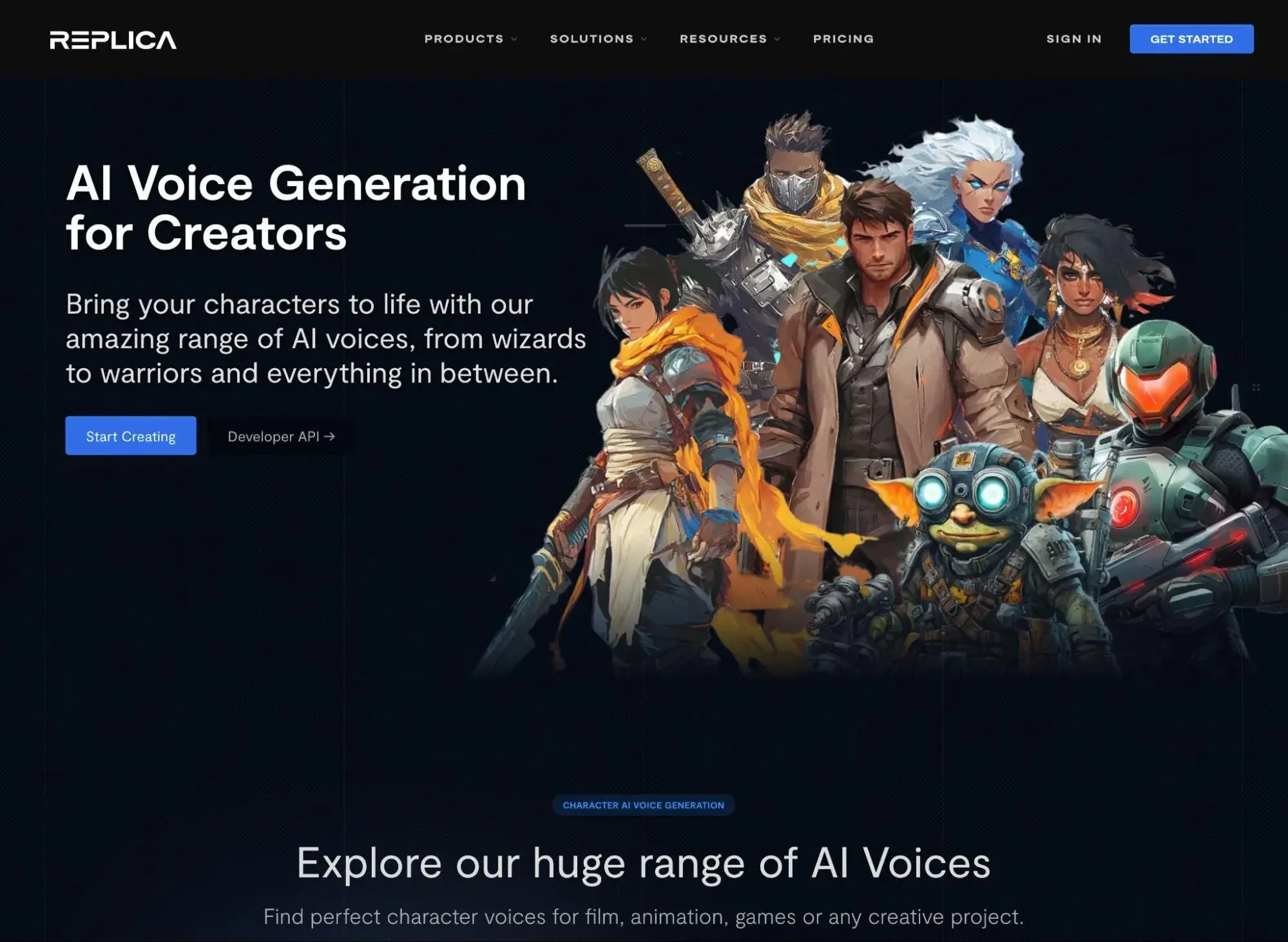 black and white website; replica adds small pops of color with a blue accent.
