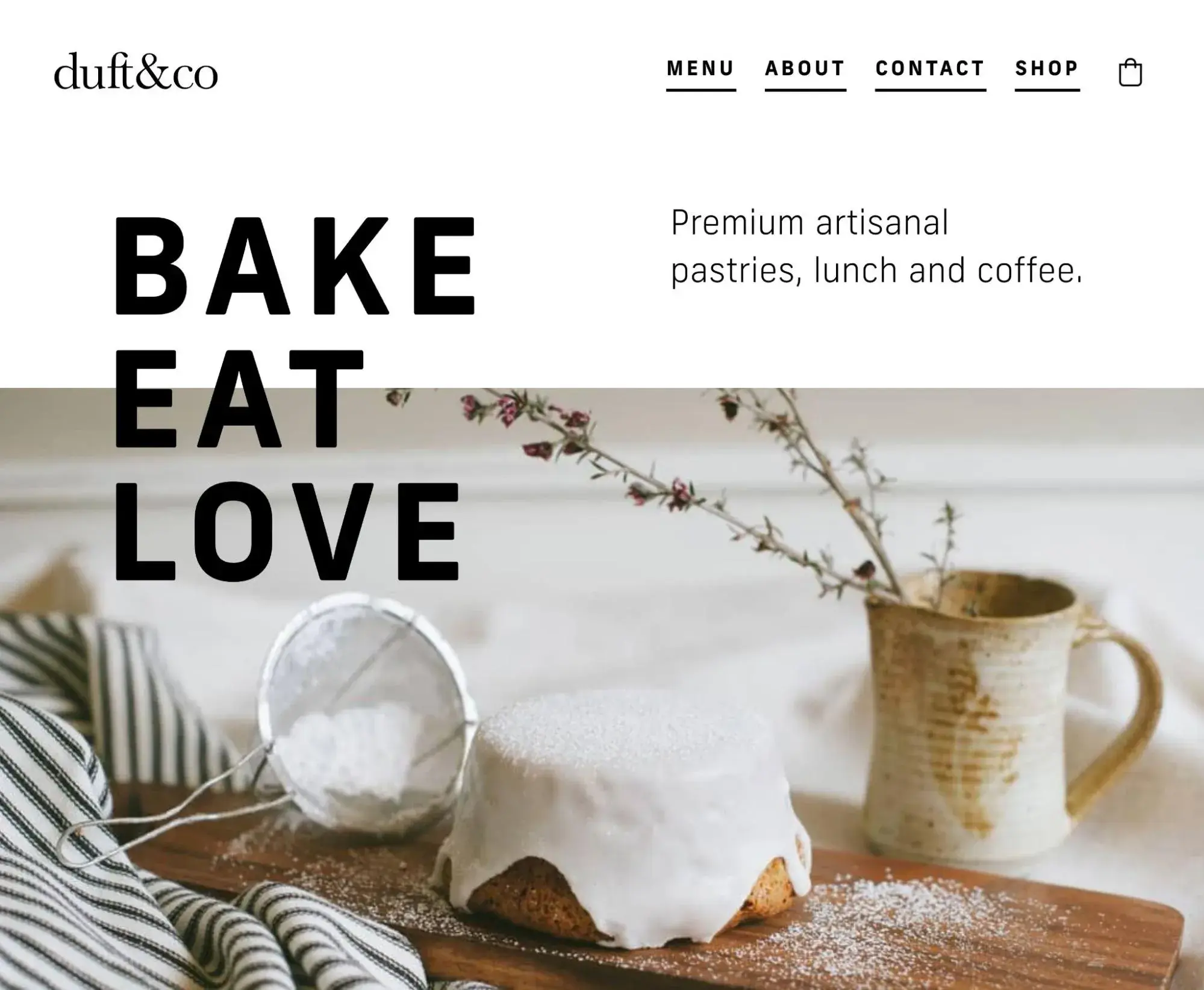black and white website; duft & co puts the focus on its food and drinks with its color scheme.
