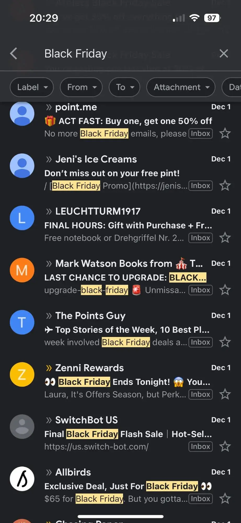 Screencap of the authors inbox, flooded with Black Friday emails.