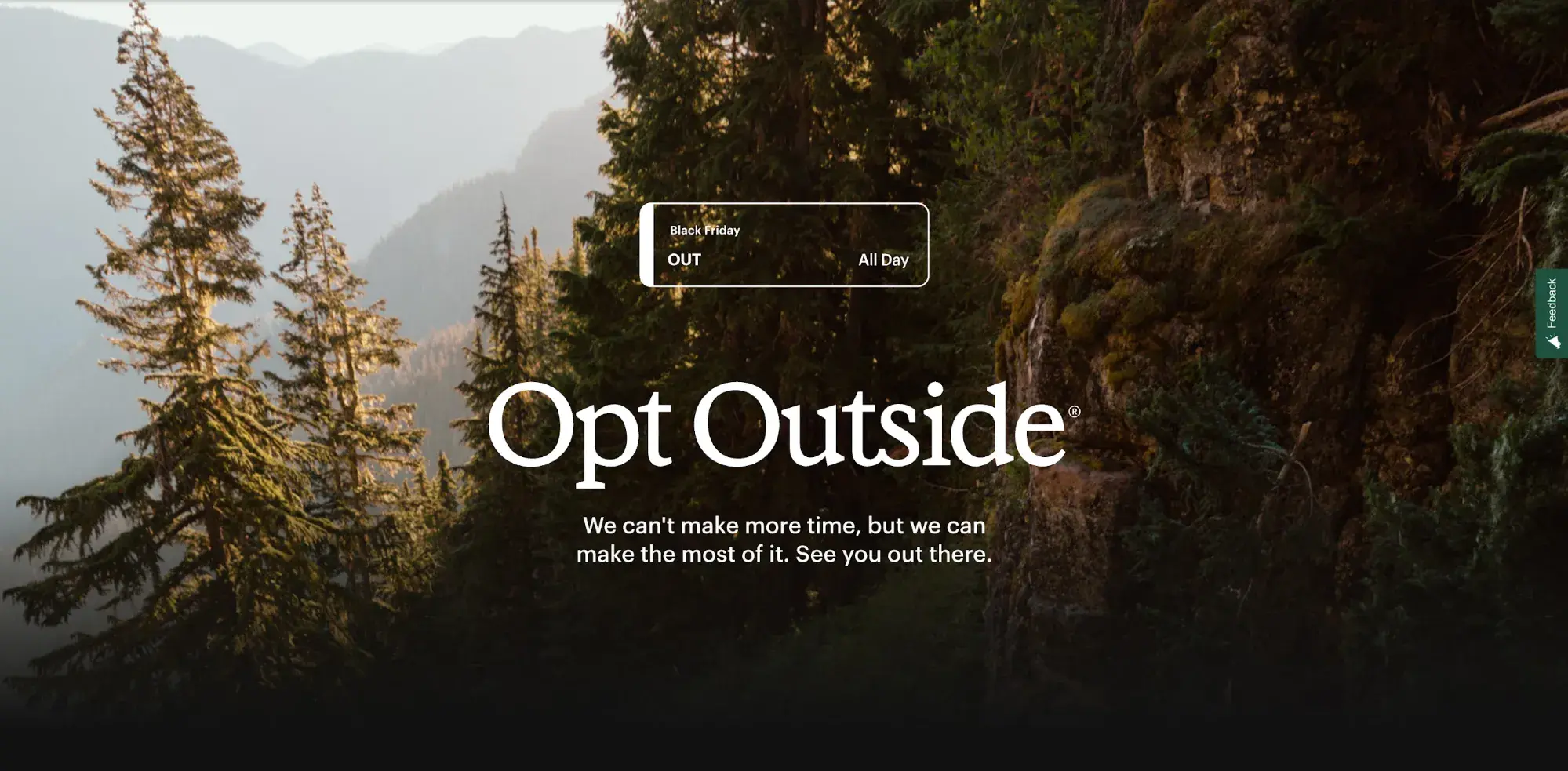 Screencap of REIs website. Opt Outside. We cant make more time, but we can make the most of it. See you out there.