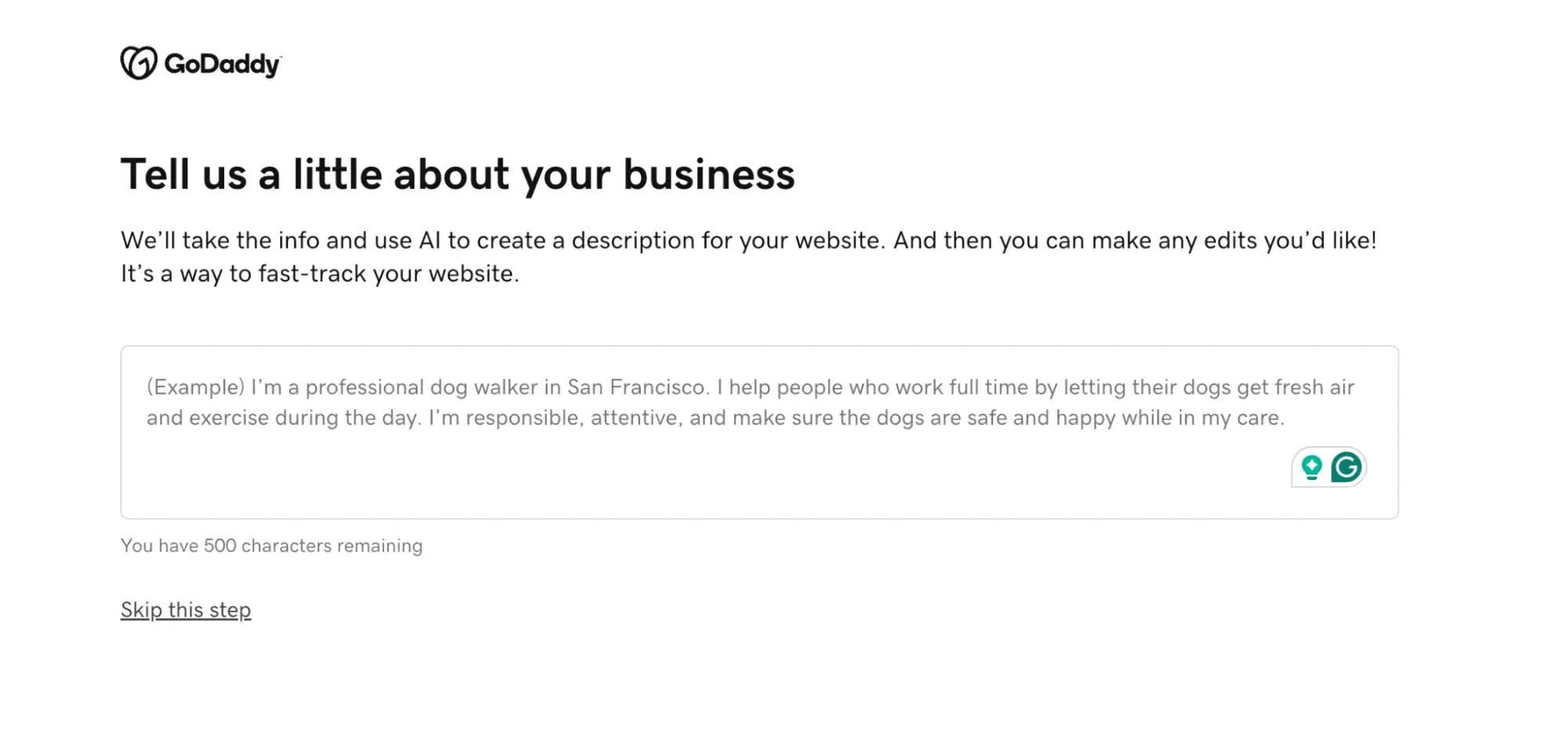 GoDaddys Website Builder prompting the user to Tell us a little about your business so it can use AI to create a website description