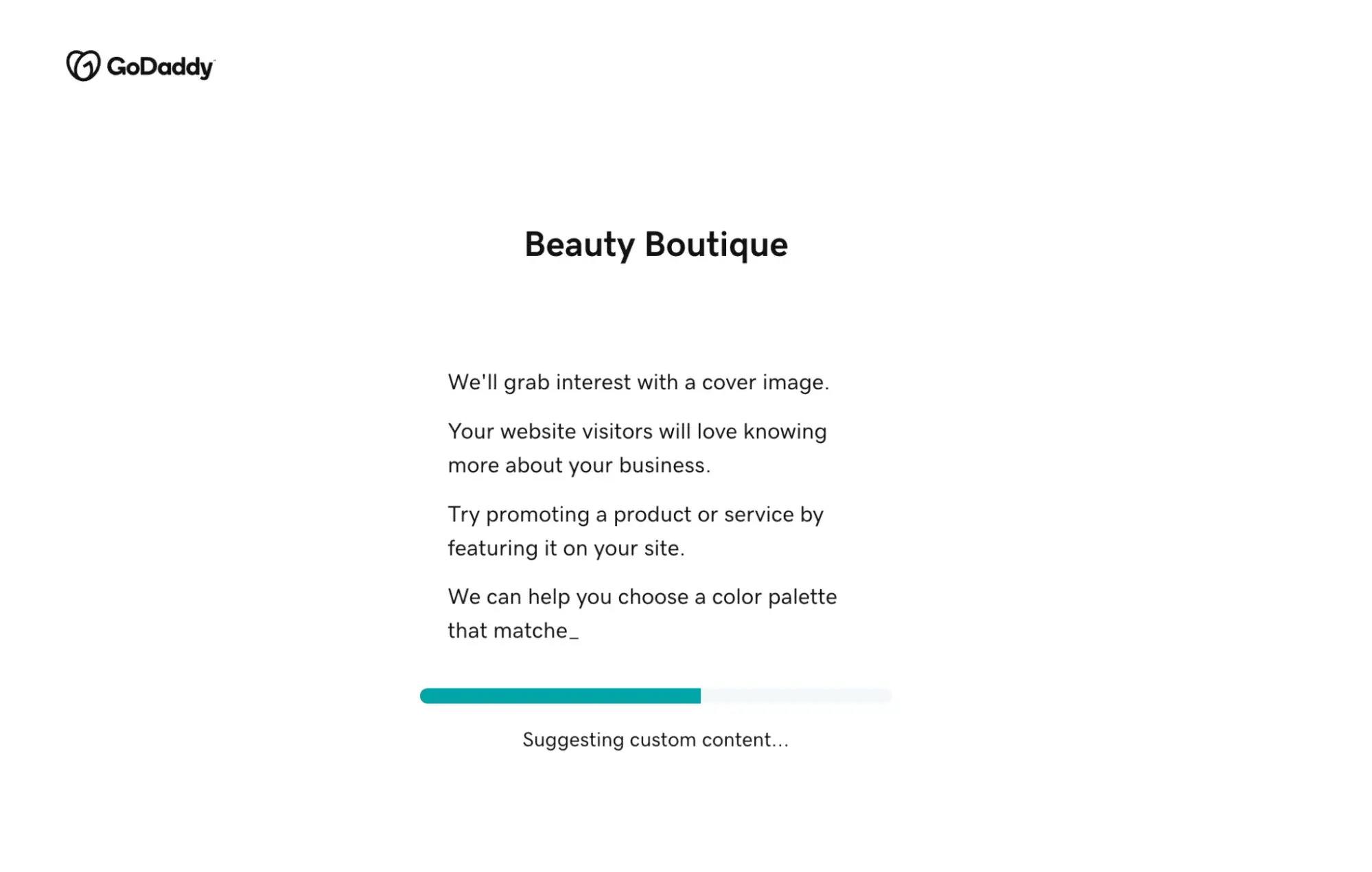 GoDaddys Website Builder loading page that shows while its generating a website design for the user