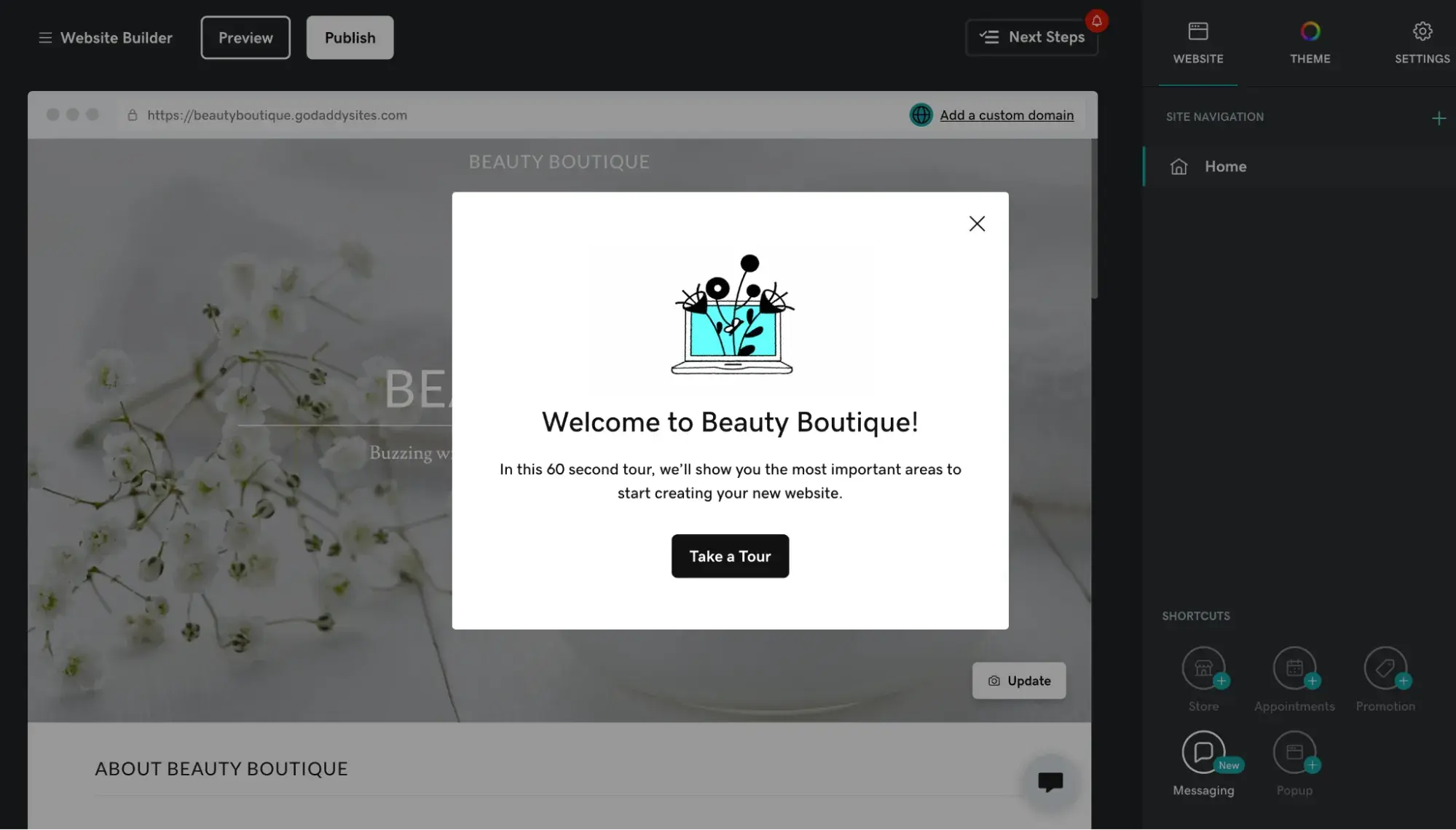 Dashboard of GoDaddys Website Builder that says Welcome to Beauty Boutique