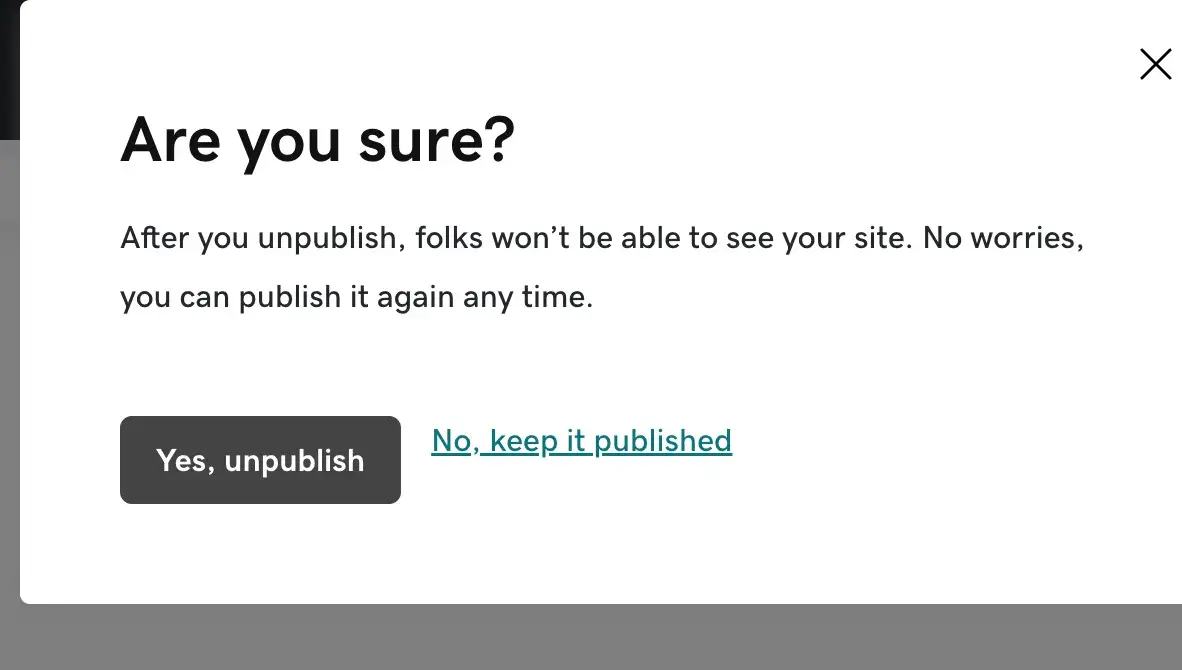 Popup that asks, Are you sure? before you unpublish your blog