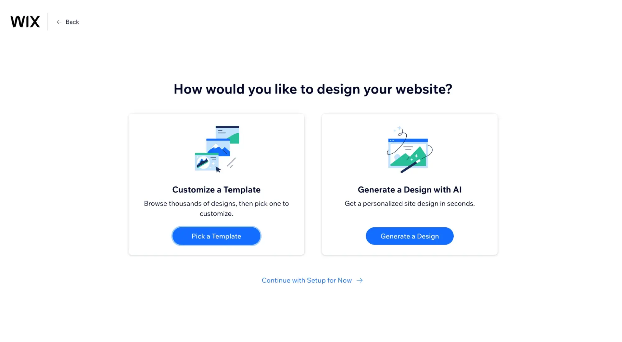 Wixs signup process asks, How would you like to design your website? and has two options: customize a template or generate a design with AI