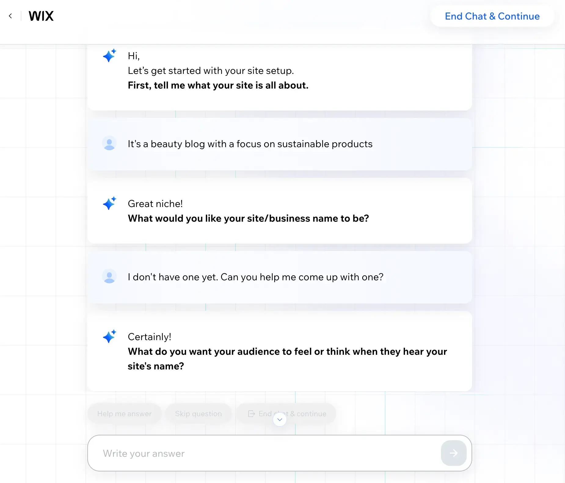 Wixs AI chatbot asks questions, including, Tell me what your site is all about.