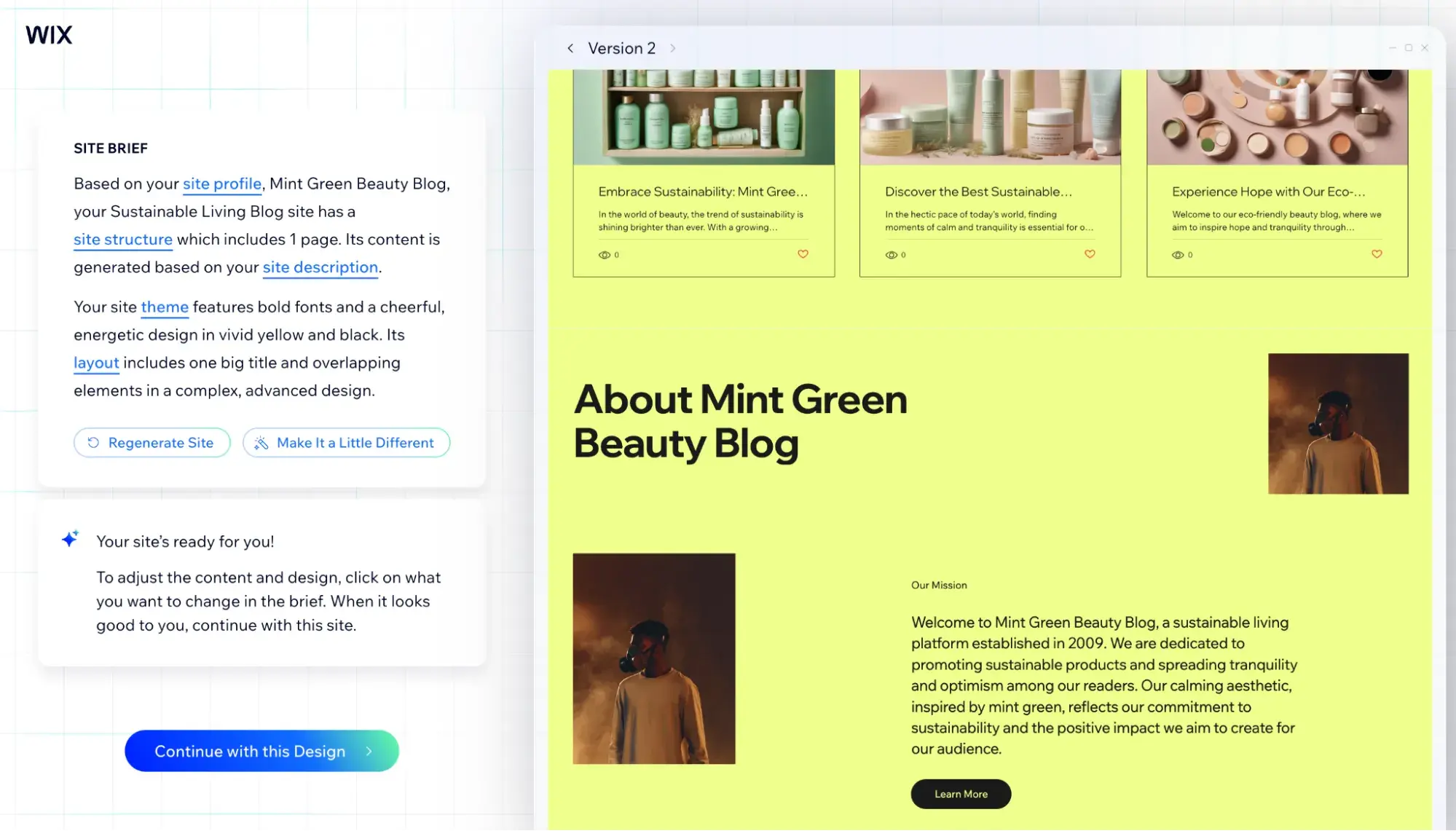 Another version of Wixs AI-generated beauty blog. It features a neon green background with images of a person wearing a gas mask