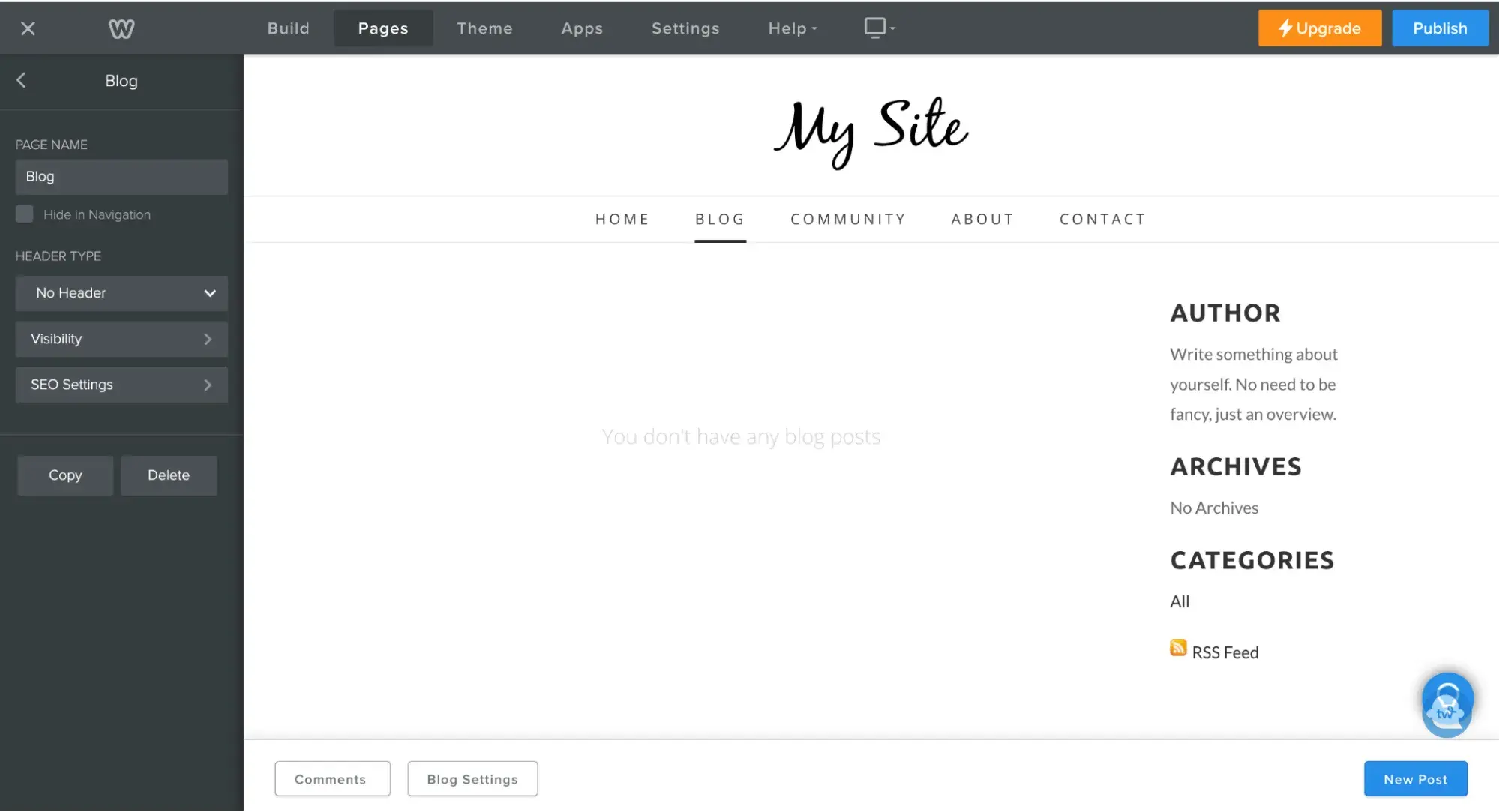 Screenshot of Weeblys blog editor with the new post button