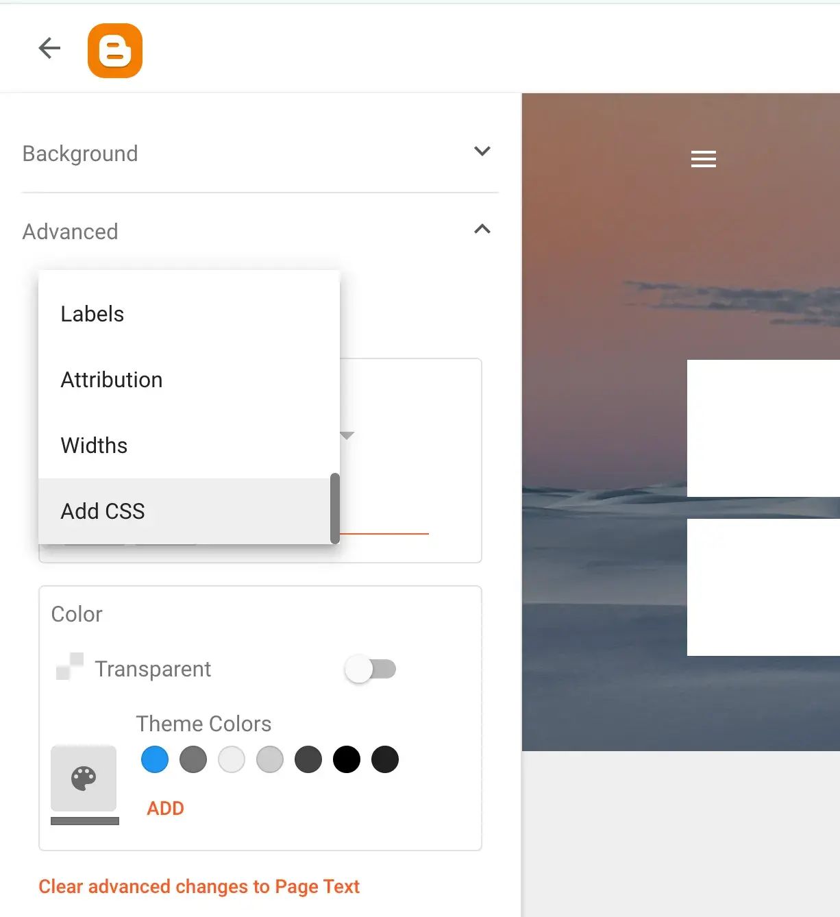 Bloggers dashboard showing a dropdown menu that has an option that says Add CSS