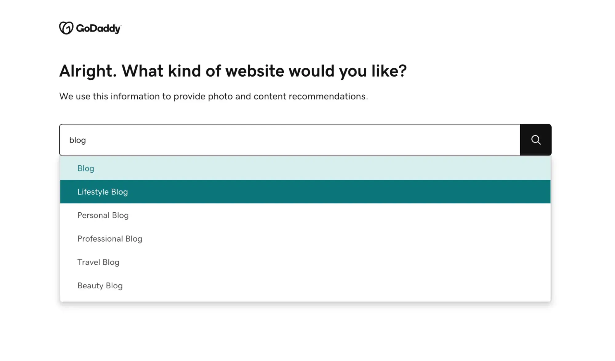 GoDaddy Website Builder signup process asking, What kind of website would you like? with a dropdown menu of blog type options