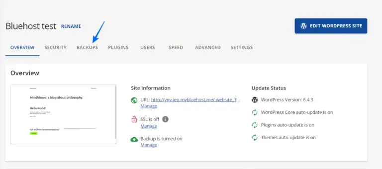 use bluehost’s site backup pro tool in your control panel to create and restore backups
