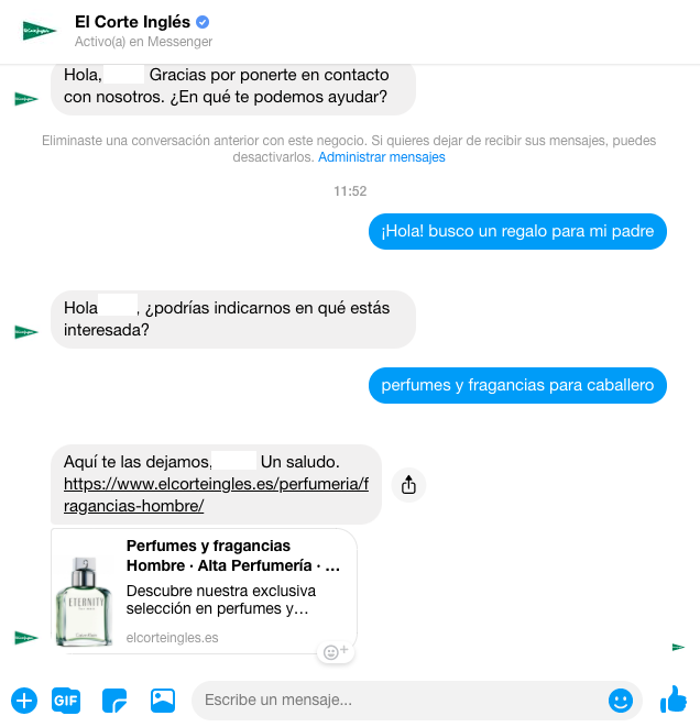 Bots para Facebook: ejemplo de El Corte Inglés