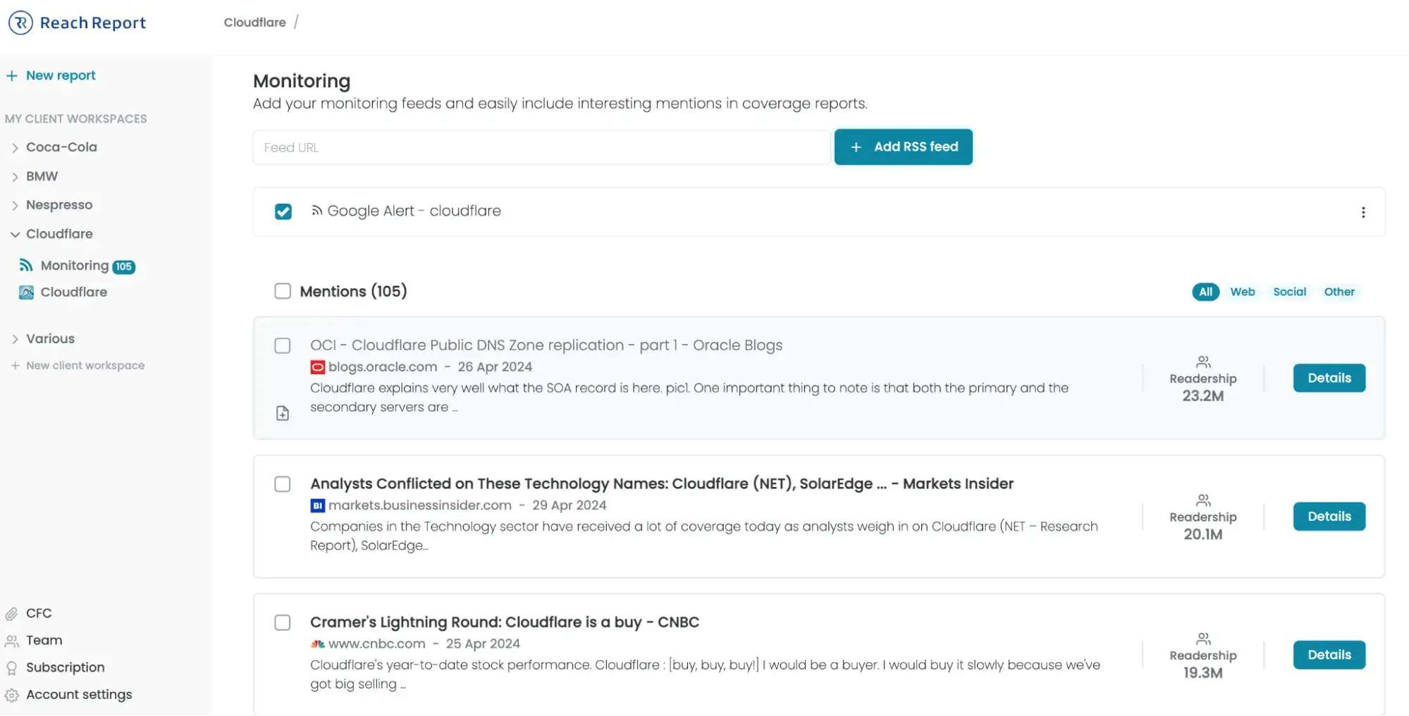 a screenshot of a Google Alerts dashboard, demonstrating its capability to track brand mentions