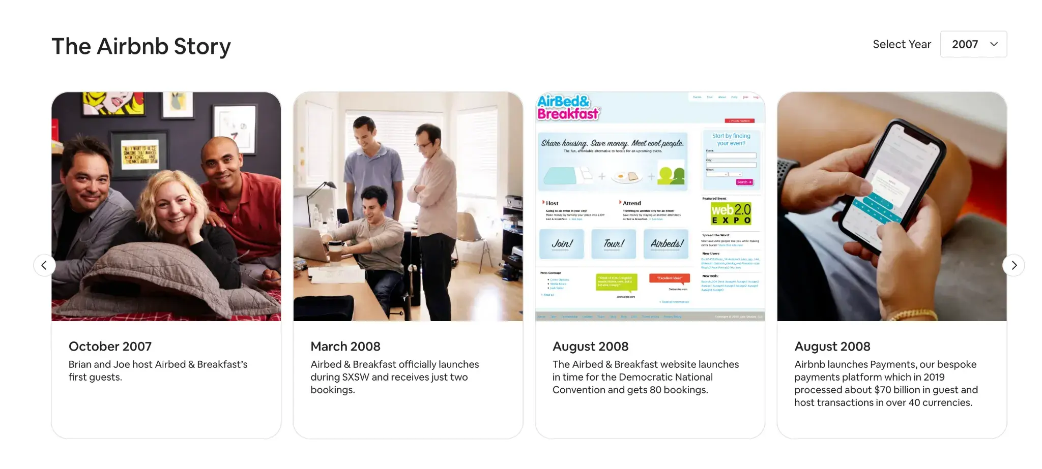 Airbnb branding evolution timeline showing founders and milestones from 2007 to 2008