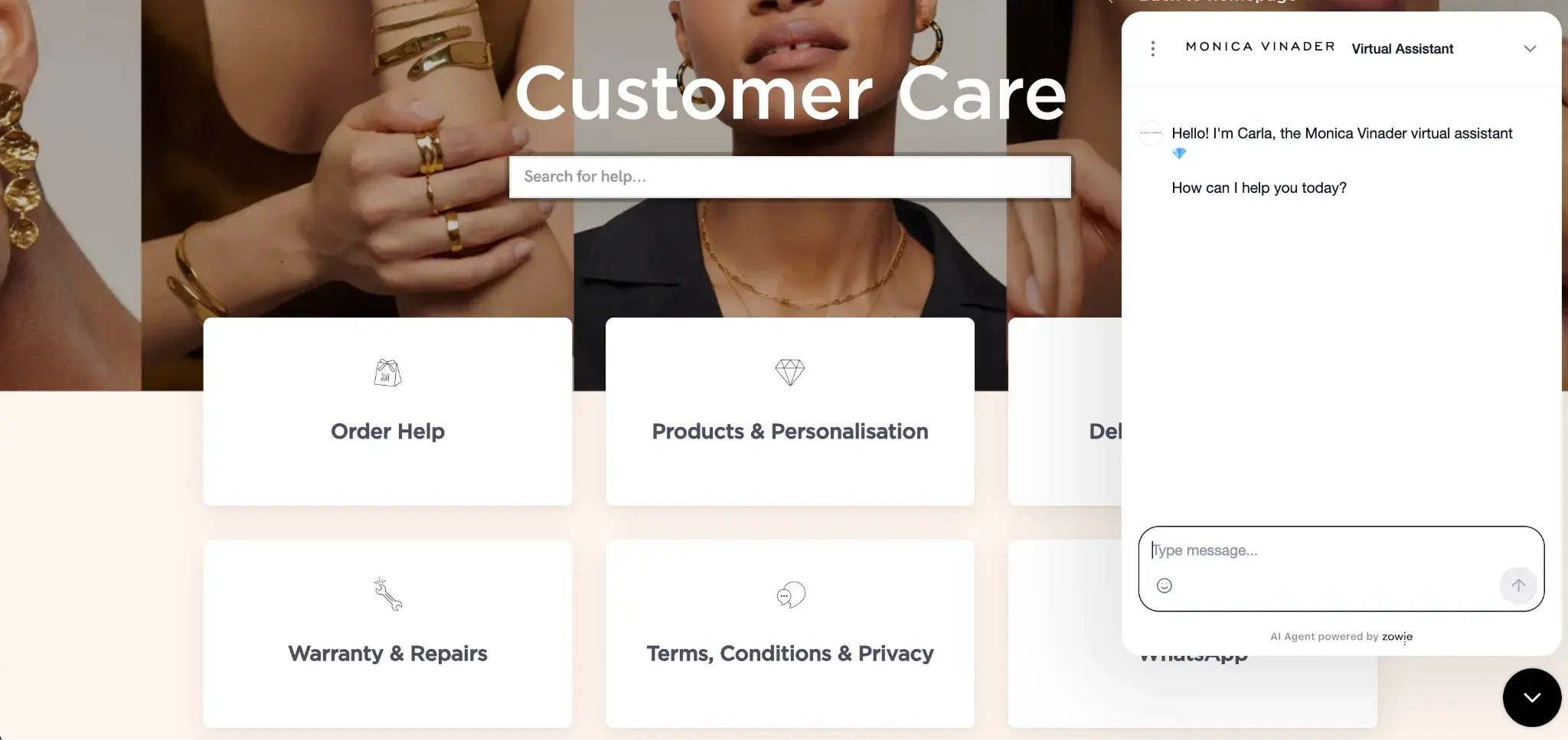 Monica Vinader luxury jewelry brand customer care page with personalized branding experience